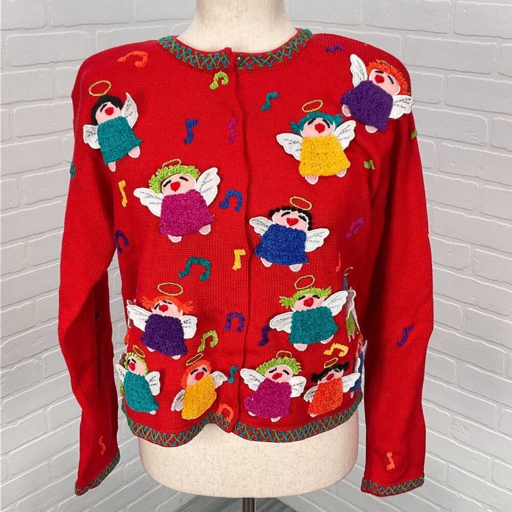 Christina Rotelli Cardigan Women Medium Red Multi Angels Music Christmas Sweater